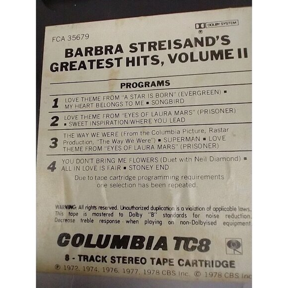 BARBRA STREISANDS GREATEST HITS VOLUME 2 (8 track Tape Cartridge) - Picture 6 of 6